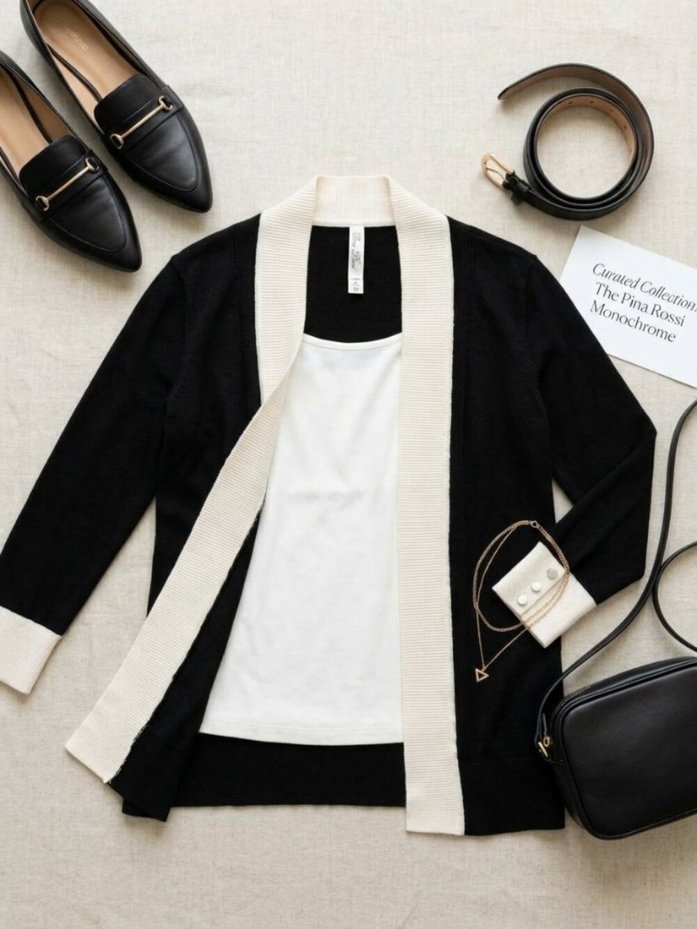Pina Rossi Minimalist Cardigan Black White Open Front Silver Button Cuff Luxury